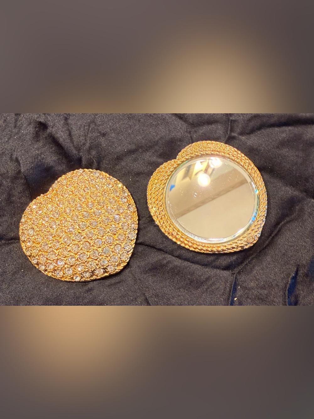 Signed Mike & Ally NY Luxury Gold Heart Pave Rhinestone Purse Mirror Set